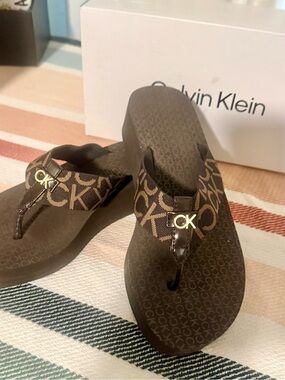 NEW Calvin Klein Meena Logo Platform Sandals - Brown/Gold - Size 6M